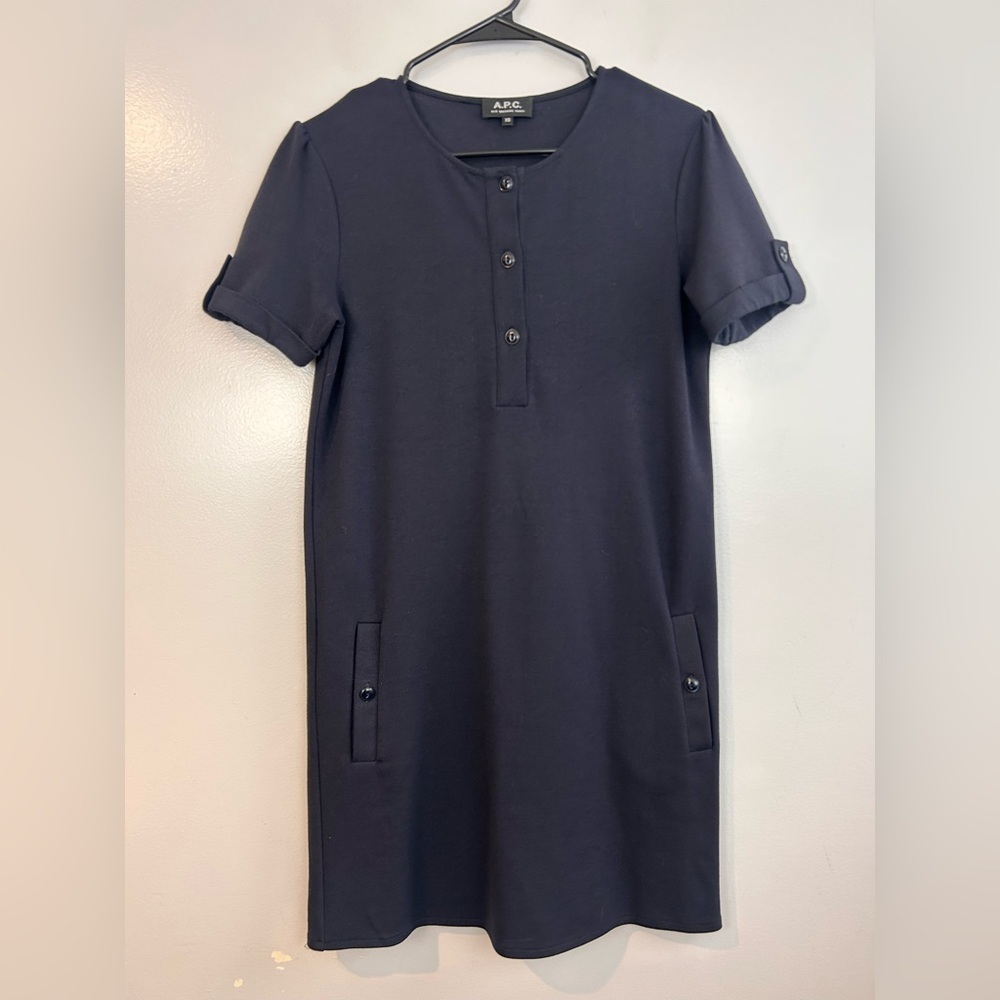NWOT A.P.C. Short Sleeve Dark Navy Blue 1/4 Button Shift Mini Shirt Dress Sz XS